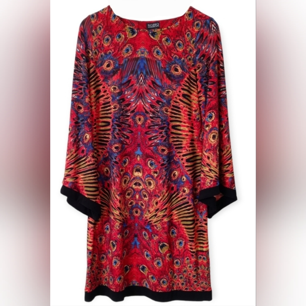 Soho Apparel Women's Red Peacock Dress With Bell Sleeve